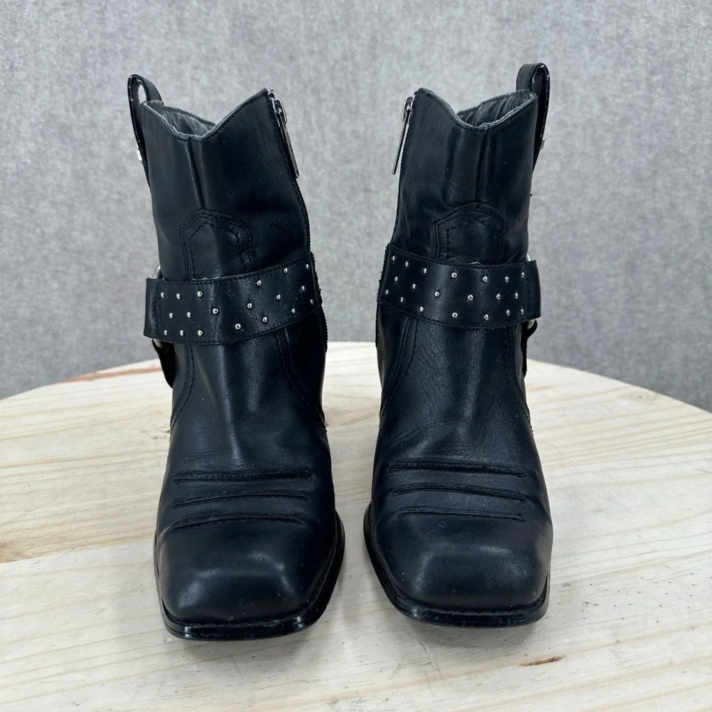 Harley-Davidson Ankle Boots Womens 7.5 Black Studded Leather Heeled Harness Moto
